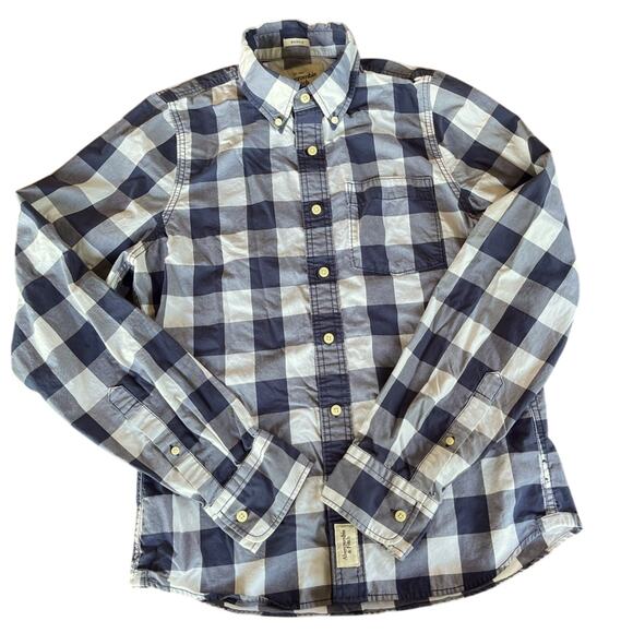 Abercrombie & Fitch Buffalo Plaid Button Down Muscle Shirt Navy Mens Lrg Preppy - Picture 2 of 9